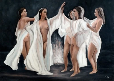 Pintura al óleo hecha a mano: danza ritual para mujer, desnudo contemporáneo, arte sensual Foto 1 de 3