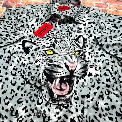 Camisa manga corta HUGO BOSS para hombre XL estampado de leopardo gris cadete y negro $150 Foto 1 de 4