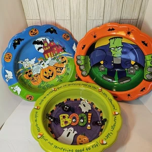 3 Vintage Ullman Halloween Candy Bowl Dish Frankenstein Ghost Pumpkin Bat 1996 - Picture 1 of 9