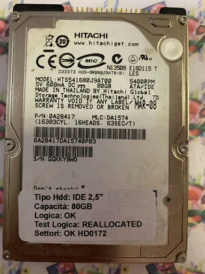 Hard Disk Usato IDE 2,5" 80GB HITACHI HTS541680J9AT00 0A28417 DA1574 MAR-08 - Immagine 1 di 4