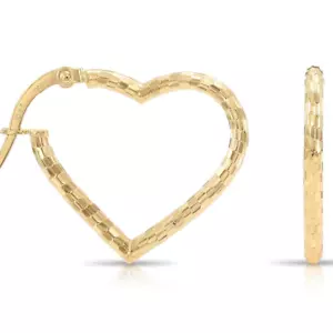 10K Real Solid Yellow Gold Diamond-Cut Heart Shaped Italian Hoops Earrings 22MM - Picture 1 of 9