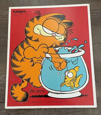 Vintage 1978 Playskool Wooden Puzzle Garfield Lunch Goldfish Jim Davis 6pc 250-2 - Image 1 of 4
