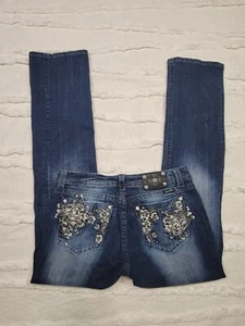 Miss Me Straight Jeans Size 34x34 Dark Wash Stretch Floral Embroidered Bling U - Picture 1 of 10