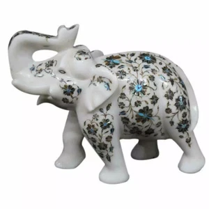 10" White Marble Elephant Handmade MOP Inlay Floral Marquetry Art Home Decor - Picture 1 of 5