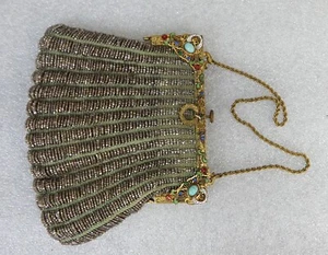 Antica borsa borsetta micro perline rete gioiello art nouveau oro verde - Foto 1 di 4
