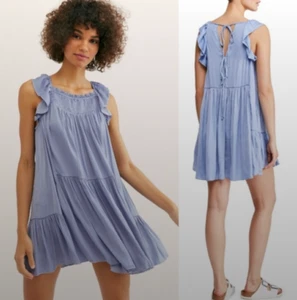 NEW Free People Want Your Love Mini Ruffle Shift Dress Size Medium M BoHo Blue - Picture 1 of 10