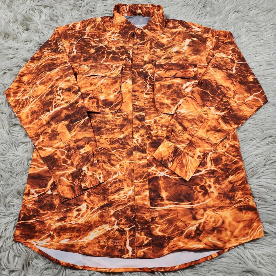 Wohali Outdoors Shirt Men's Large Orange Fishing Blaze Print Long Sleeve Venting - Image 1 of 4