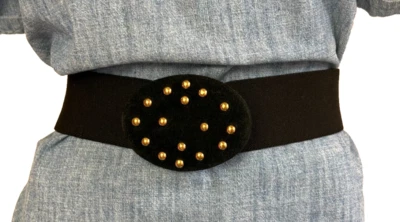 80s Stretch Cinch Waist Belt Black Size Medium Suede Studded Gold Tone Buckle - Image 1 of 4