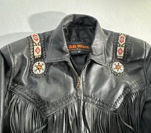 3BWest Tansmith Black Leather Jacket fringe & beadwork Western XL 90s Vintage - Imagen 1 de 18