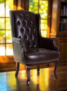 Chesterfield Wing Back Queen Anne High Back Fireside Armchair Sofa Chair Leather - Picture 1 of 19