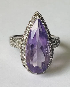 Designer LB Sterling Silver Amethyst Pear Cut Solitaire Cocktail Ring Size 9 - Picture 1 of 12