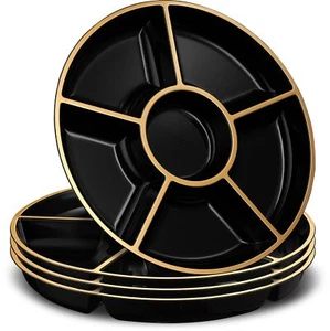 6 Sectional Round Plastic Serving Tray/Platters Black & Gold Pack of 4 - Picture 1 of 9