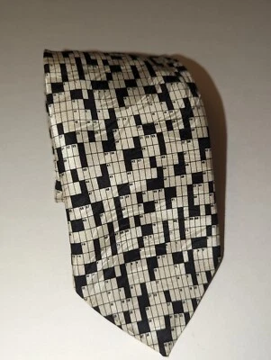 Museum Artifacts Silk Mens Neck Tie Black And White Crossword Puzzle With Tag - Image 1 of 4