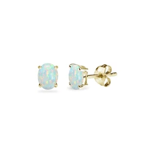 Gold Flashed 925 Silver Simulated White Opal 5x3mm Oval Solitaire Stud Earrings - Picture 1 of 3