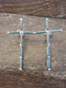 Zuni Indian Sterling Silver Turquoise Cross Post Earrings - Leekity - Picture 1 of 5