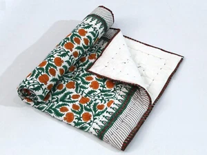Indian Hand Block Printed Stitched Blanket Cotton Green Orange Floral Quilt US - Picture 1 of 8