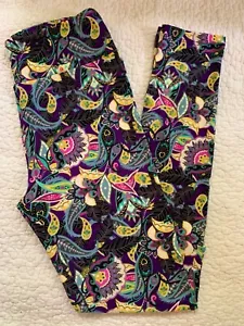 Leggings LuLaRoe OS viola rosa giallo paisley floreale damascato piume nere vintage - Foto 1 di 2
