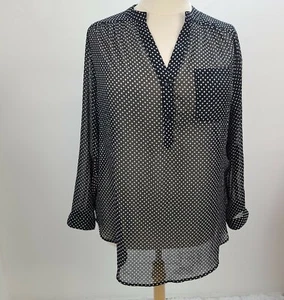 Dressbarn Sheer Tunic Top Women 2X Black White Polka Dot Button V-Neck Long Slv - Picture 1 of 12