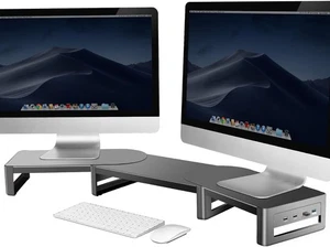 Vaydeer Adjustable Dual Monitor Stand with USB, Angled Hub Version, Black - Afbeelding 1 van 7