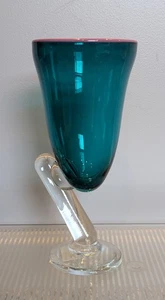 Kyle Gribskov mundgeblasen blau grün Glaskelch rosa Rand klarer Sockel signiert - Bild 1 von 11