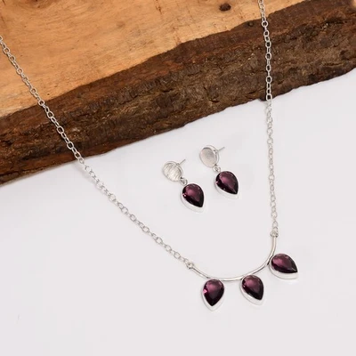 Amethyst Gemstone Pear Ethnic Handmade Silver Plated Jewelry Set 1.2" 24" b365 - Image 1 of 4