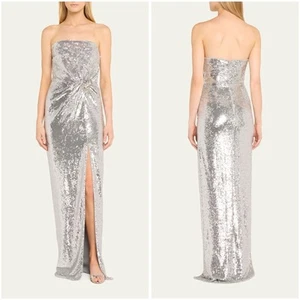 NEW! $1,750 ROLAND MOURET Sequined Strapless Buckle Gown in Silver, Size US 8 - Picture 1 of 12