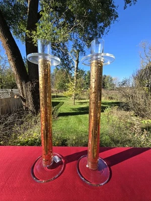 Crate & Barrel Pair of GIA Gold and Clear Colored 12 inch Candlesticks - NIB! - Image 1 of 4