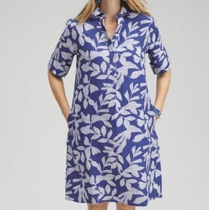 Chicos Linen Leaf Print Popover Shift Dress Pockets US Size 8 Spring Coastal - Bild 1 von 12