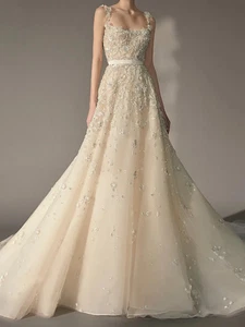 A-Line Spaghetti Strap Evening Dress Sweep Train Elegant Crystal Prom Dress - Picture 1 of 7