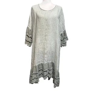 Kleid italienisch Damen OS Leinen Lagonlook Spitzenbesatz künstlerisch locker Sellerie hellgrün - Bild 1 von 12