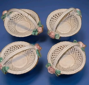 Estate Italy Capodimonte white Lattice woven porcelain baskets 3" Applied Roses - Picture 1 of 6