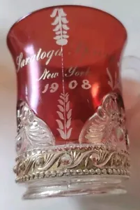 Antique Early 1908 Red Ruby Flash Glass Saratoga New York 3.5 In Mug Cup - Picture 1 of 6