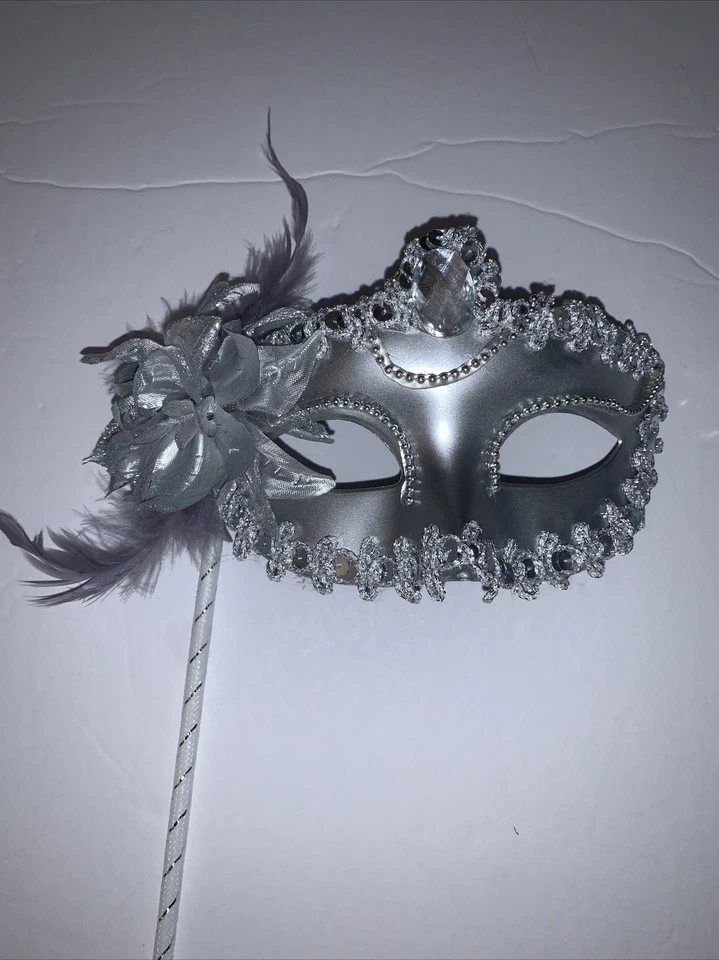Masquerade Eye Mask Silver Feathers Flower Sequins Stick Mardi Gras Halloween ￼ - Image 1 of 4
