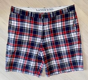 Pantalones cortos para hombre Lands' End azul marino y rojo a cuadros algodón talla 38 frente plano - Imagen 1 de 4