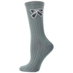 Women Bow Pattern Casual Socks, Mid Calf Socks Pair of Grey or Black - Picture 1 of 4