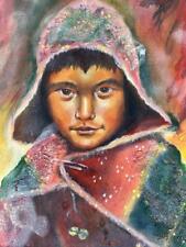 Vintage Asian Oil Painting Portrait Art Young Boy Angel & Venice Italian Gondola