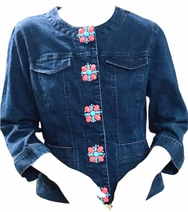 RUBY RD Sz 12 Blue Denim Jacket Faux Coral Turquoise Embellished Snap Closure - Picture 1 of 12