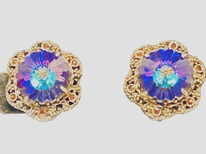 J357L Vtg Stunning Blue/Purple Rivoli Clip Earrings - Picture 1 of 6