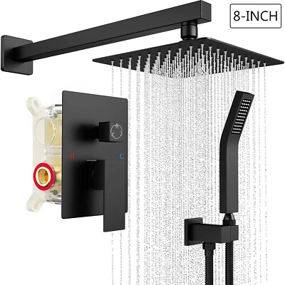 Black Shower Faucet Set 8"Rainfall Shower Head Combo System with Mixer Valve Kit - Image 1 of 4