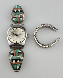Vintage Navajo Sterlingsilber Uhrenspitzen Türkis Koralle Lapis mit Gruen 17 Juwel - Bild 1 von 16
