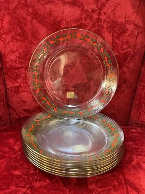 Arcoroc Christmas Holly & Berry Salad Plates 8” Ribbon Gold Trim Set of 8 -new - Image 1 of 4