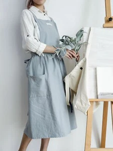 Women Cotton Linen Apron Japanese Wrap Pinafore Cross Back Art Housework Cooking - Picture 1 of 19