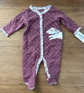 Carters Baby Girl 3 Months Sleep And Play Footed Pajama NEW Plum Polka Dot Puppy - Picture 1 of 4