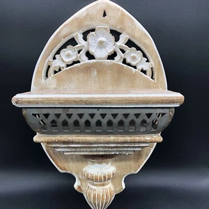 Carved White Washed Wood Wall Sconce Shelf Metal Accent Floral 15"x9.75” India - Picture 1 of 16