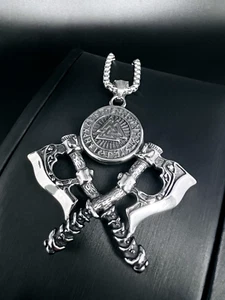 Krieger Axt Runen Kreis Valknut Anhänger Edelstahl Kette Wikinger Biker 247B - Bild 1 von 4