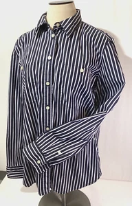 Lauren Ralph Lauren Woman’s Blouse Size L Striped Dark Blue/White Long Sleeves - Picture 1 of 10
