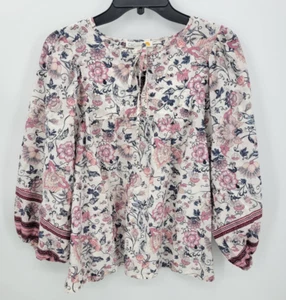 C and C California Top Womens Large Floral Balloon Sleeve Boho Peasant Blouse - Picture 1 of 8