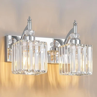 Crystal Vanity Lights Chrome 2 Light Bathroom Light Fixtures Over Mirror Modern - Image 1 of 4