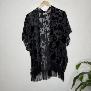 Boho Velvet Burnout Kimono With Fringe WeHello One Size Black Whimsygoth Floral - Picture 1 of 8
