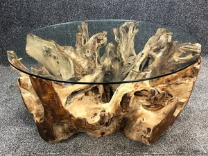 Large Teak Root Lombok Round Wooden Coffee Table One Piece with Glass Top - Picture 1 of 5